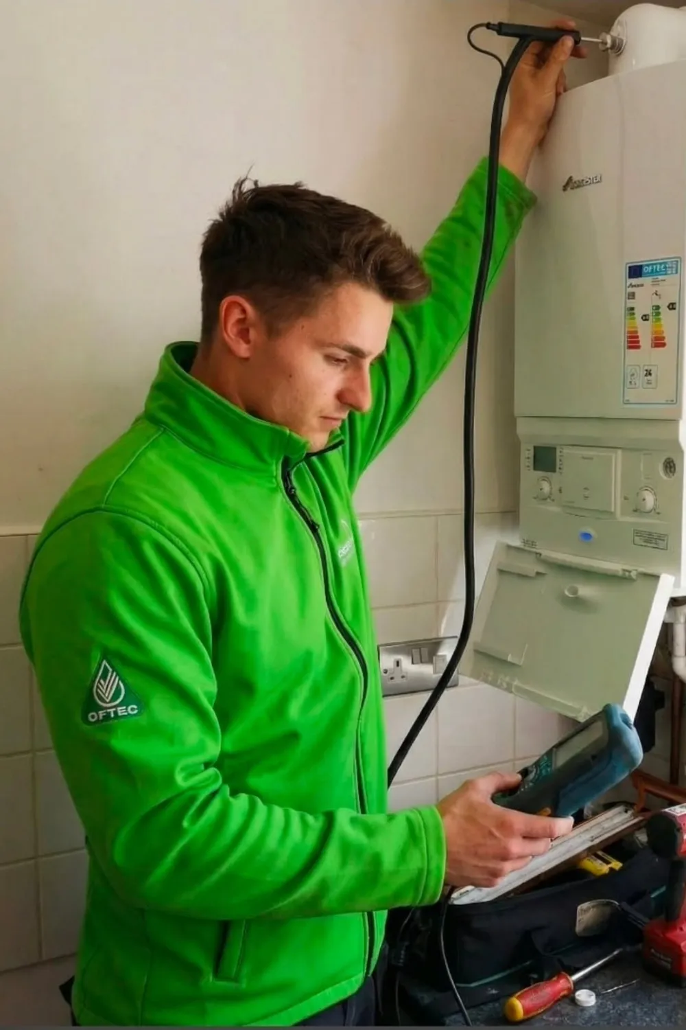 Green Box Energy engineer testing a boiler with a flue gas analyser